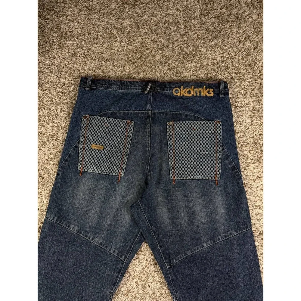 Akademiks Baggy Jeans Y2K Hip Hop Streetwear Skate Denim Checkered Panel Mens 38